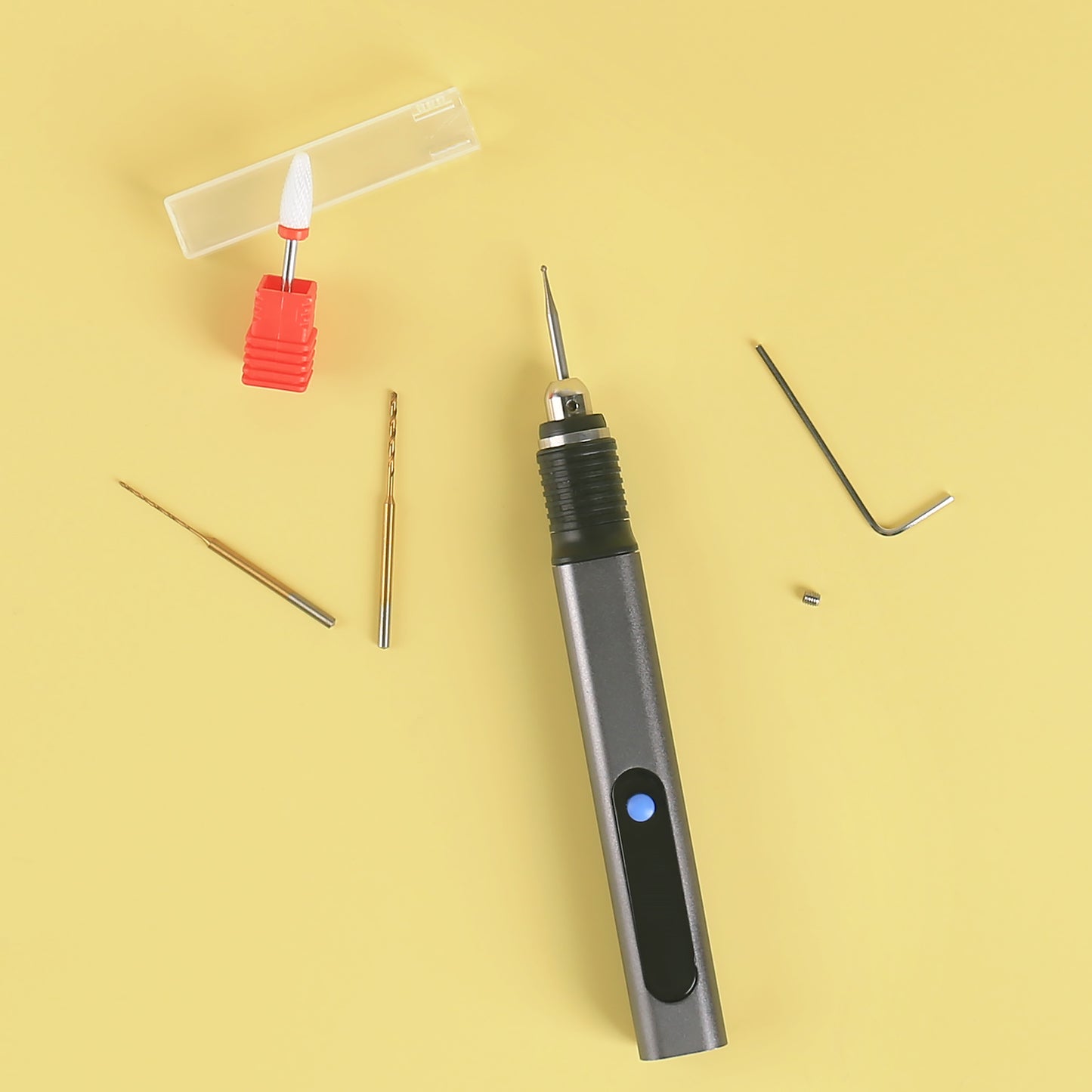 D2-002 Electric engraving pen with drill bits, ceramic grinding head, L wrench, and accessories for precision crafting and detailing.