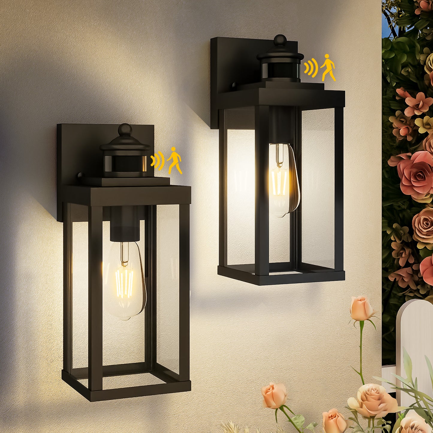 Black Motion Sensor Outdoor Wall Light – Rustproof, 3 Modes, 2-Pack