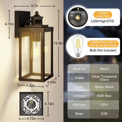 Black Motion Sensor Outdoor Wall Light – Rustproof, 3 Modes, 2-Pack