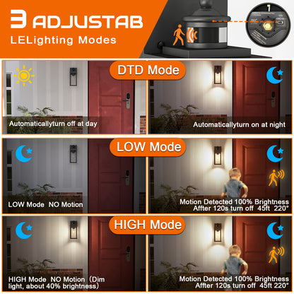 Black Motion Sensor Outdoor Wall Light – Rustproof, 3 Modes, 2-Pack