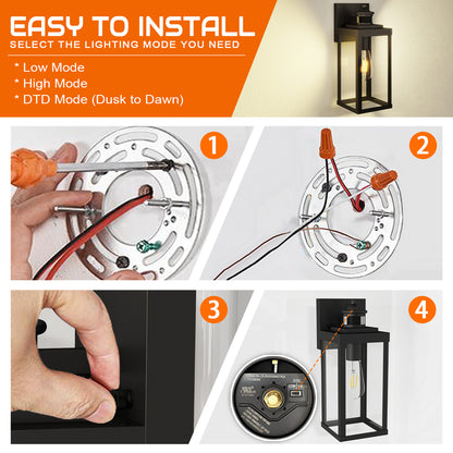 Black Motion Sensor Outdoor Wall Light – Rustproof, 3 Modes, 2-Pack